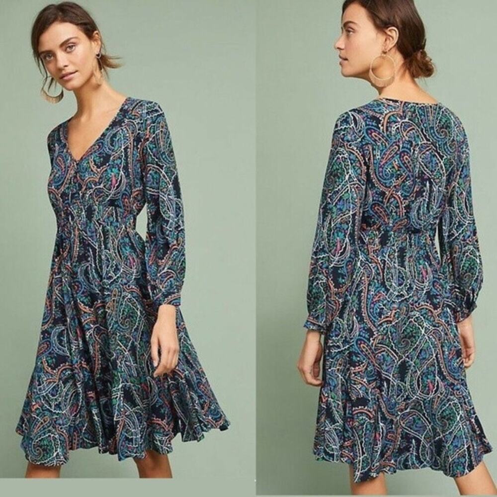 MAUVE Blue Paisley Long Sleeve Midi Sleeve Size M